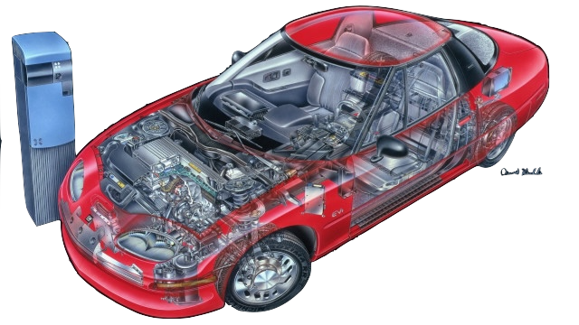 EV1 body and chassis — rigid platform, lightweight suspension, regenerative braking